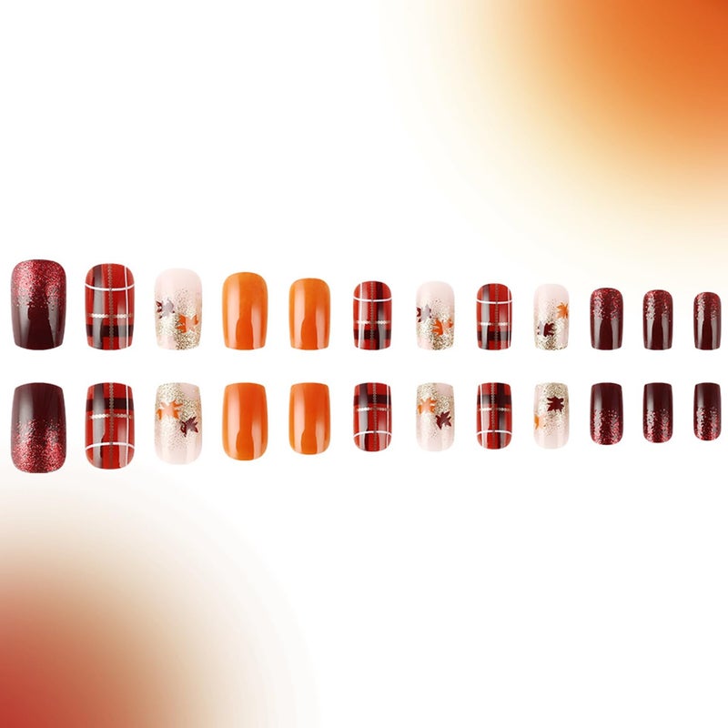 CJDLTS Fall Maple Leaf False Nail Medium Ballet Shaped Thanksgiving Press on Nails Gold Lines Glitter Sequins Design Autumn Stick on Nail Full Cover Artificial Fingernails Festival Glue on Nails for Women - Image 2
